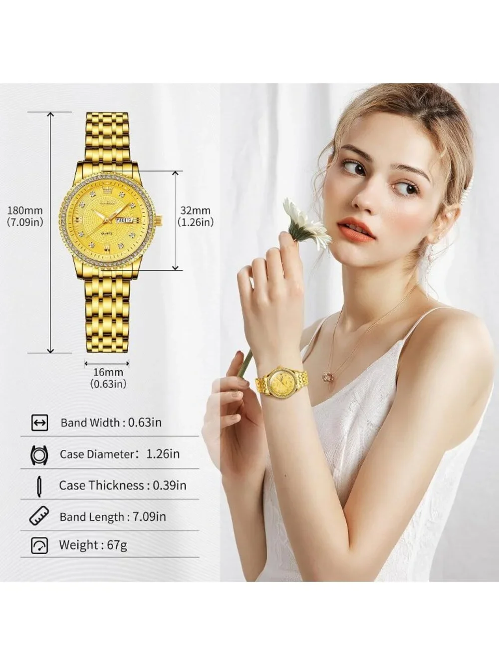 Women's All Gold Stainless Steel Luxury Ladies Waterproof Writs Diamond Watch